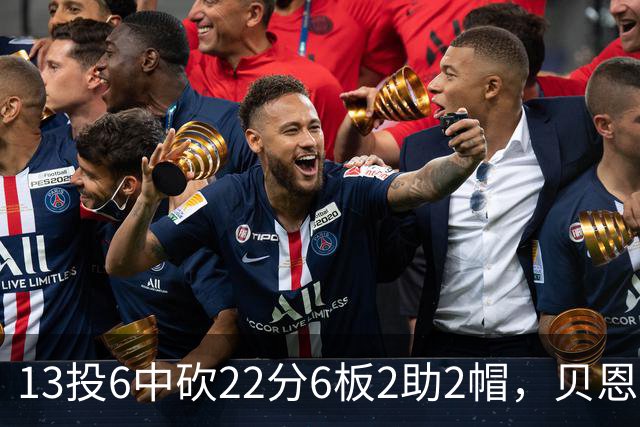 13投6中砍22分6板2助2帽，贝恩正负值+8助魔术胜尼克斯
